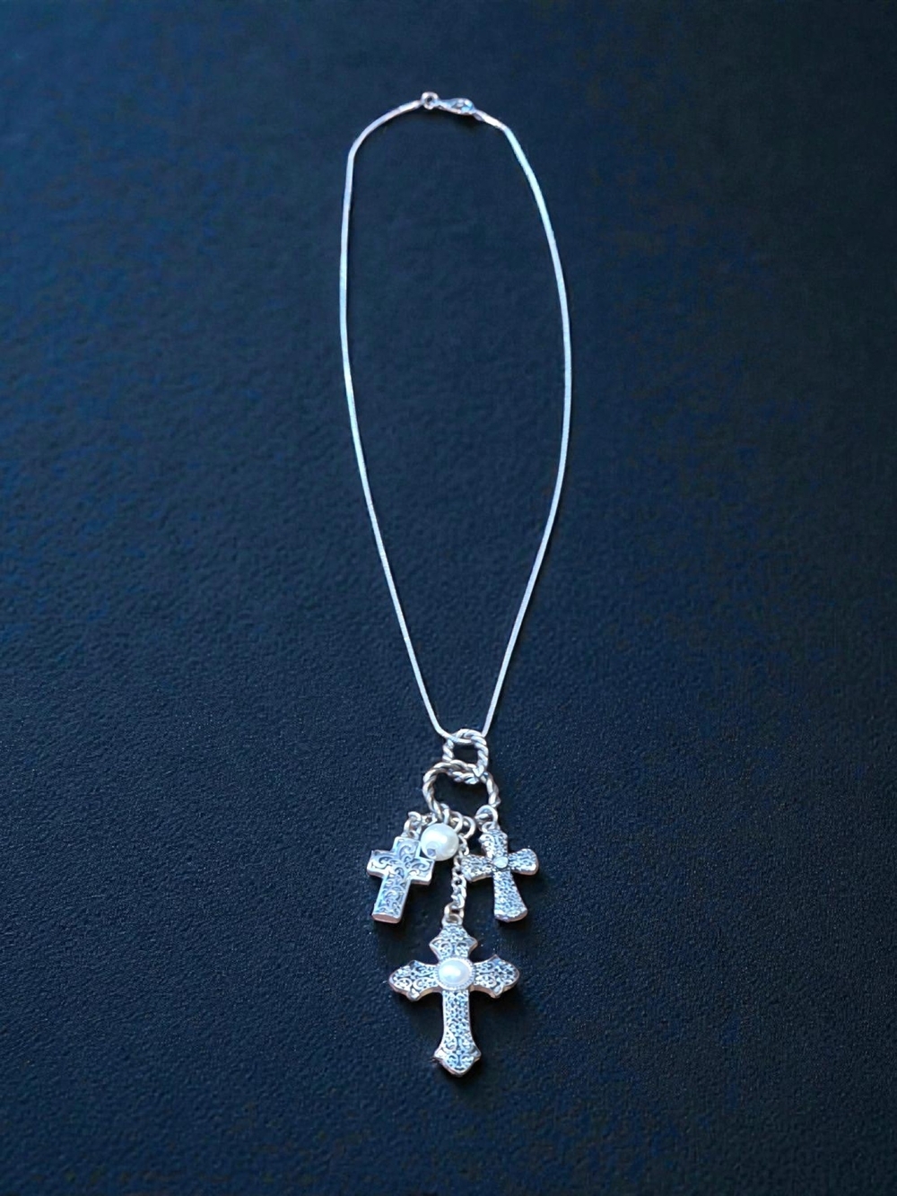 925 Silver Multi Cross Charm Pendant Necklace Pearl Accent Boho
